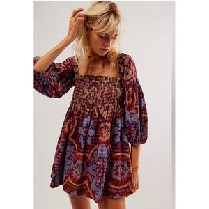 Free People Clara Corduroy Smocked Boho Mini Dress XS Balloon Sleeve Festival